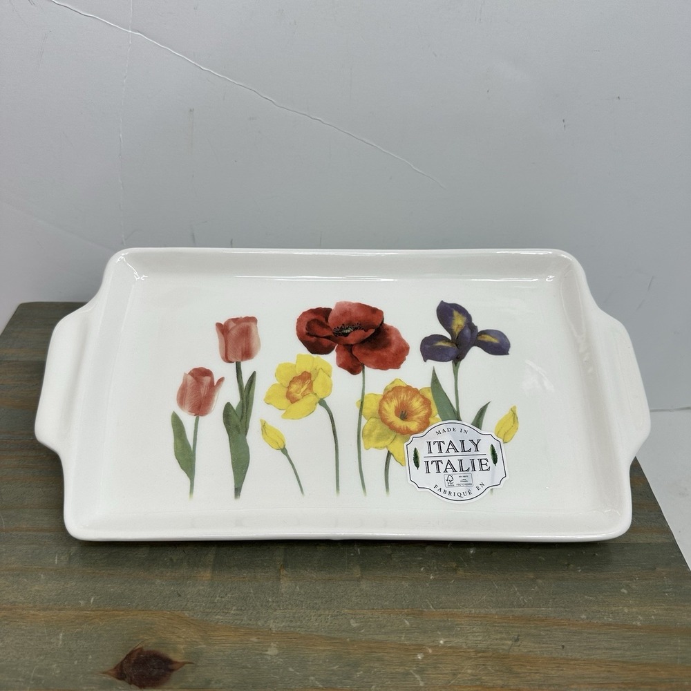 New Italian Charcuterie Serving Platter Flowers Leaves Tray Plate Handles 12"